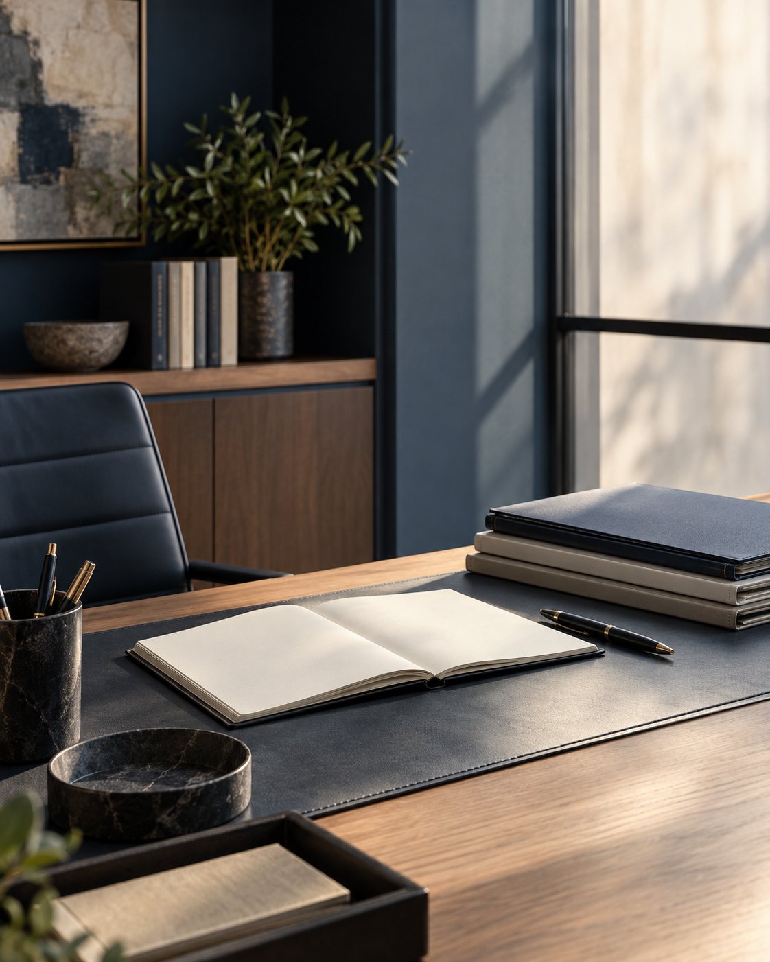 An organized legal workspace with document folders and a notebook beside a sunlit window